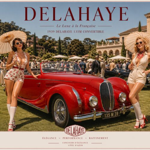 Vintage retro Delahaye 135M convertible poster from 1939 with stylized women, manicured French gardens, and elegant architectural setting in rich reds and cream tones.