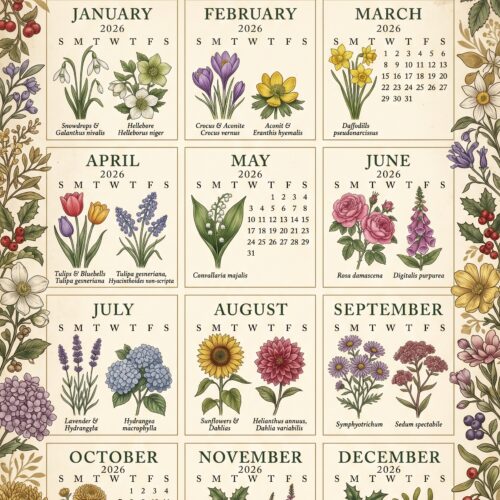2026 botanical calendar poster with twelve months of hand-illustrated wildflowers surrounded by ornamental floral border in vintage style.