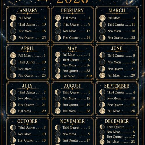 Moon Phase Calendar 2026 poster with gold zodiac symbols, constellation illustrations, and monthly lunar phases on navy background with ornate celestial borders.