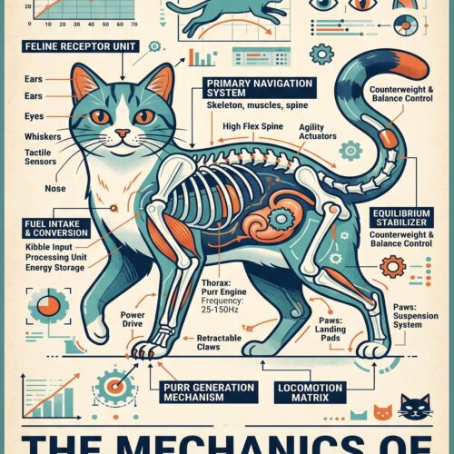 Vintage infographic poster of cat anatomy showing skeletal structure, organs, sensory systems, and biomechanical functions with teal and orange technical diagrams.