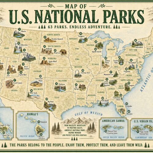 Detailed vintage-style cartographic map of all 63 U.S. National Parks with illustrated landscapes, regional breakdown, and compass rose on cream-colored parchment background.
