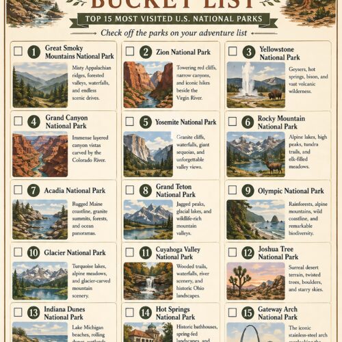 Vintage-style national parks bucket list poster featuring illustrated vignettes of 15 most visited U.S. parks including Yellowstone, Grand Canyon, and Zion with wildlife and mountain borders.
