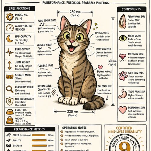Lineart engineering spec sheet poster of a tabby cat with technical specifications, performance metrics, and humorous components labeled with warm gold accents.