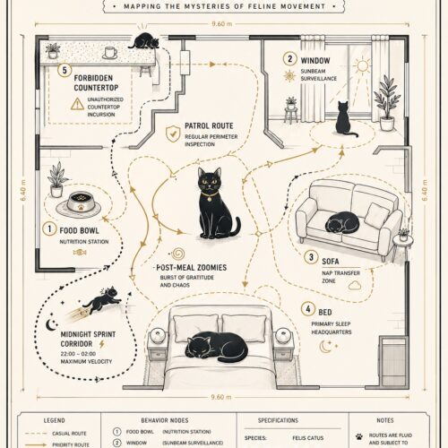 Vintage-style field diagram mapping cat behavior patterns in a household floor plan, showing patrol routes, nap zones, food stations, and midnight sprint corridors with hand-drawn linework and gold accents.