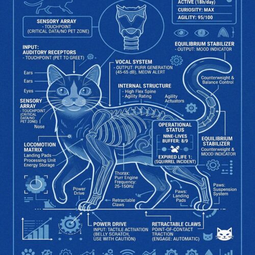 White lineart blueprint of a cat labeled 'The Feline Interface' with technical specifications, sensory arrays, and humorous performance metrics on deep blue background.