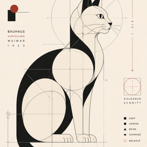 Geometric Bauhaus cat wall art with bold black shapes, grid proportions, and lineart design on cream background featuring German typography.