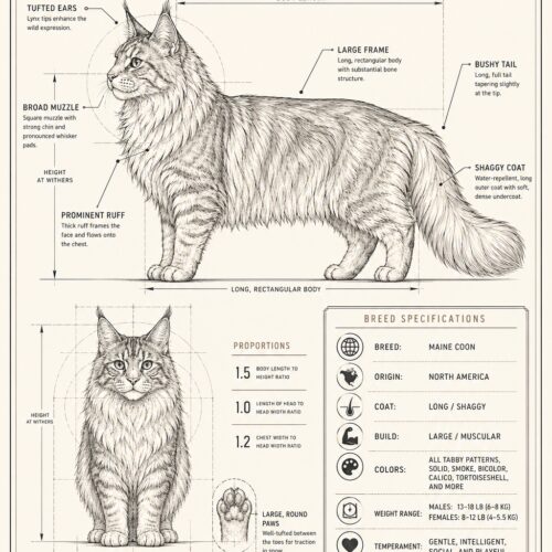 Maine Coon breed drafting study poster showing anatomical line art, proportions, measurements, specifications, and key traits on cream background with black ink.