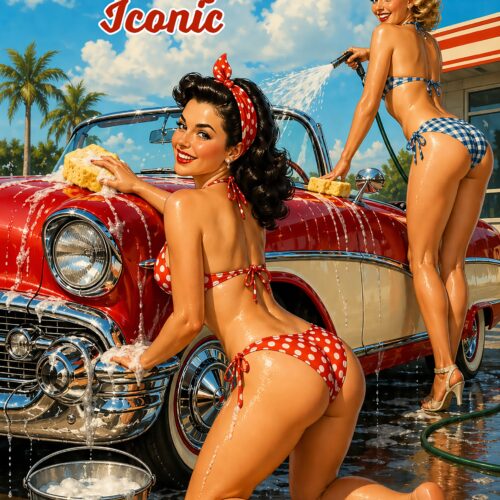Retro pin-up car wash poster featuring 1950s styled women, a cherry-red vintage automobile, palm trees, and bright blue sky with clouds.