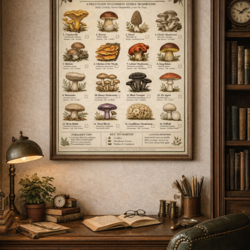 Vintage botanical style mushroom foraging guide poster featuring 20 different mushroom species with labels.