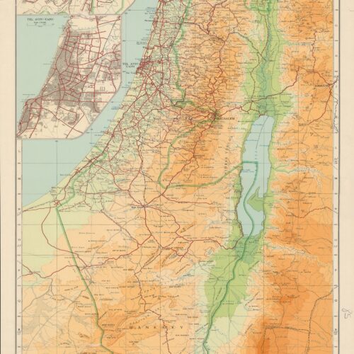 Vintage political map of Israel showing detailed topography, city insets for Haifa, Jerusalem, and Tel Aviv, and regional boundaries with orange and green geographic shading.