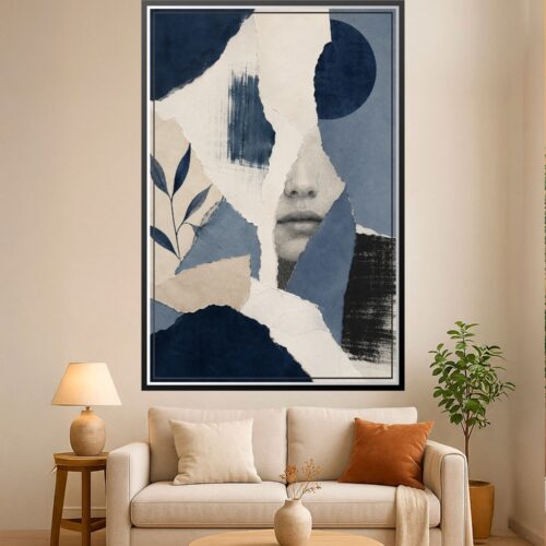 Abstract minimalist portrait with layered navy, cream, and charcoal shapes, photorealistic face, and botanical leaf elements in collage style.