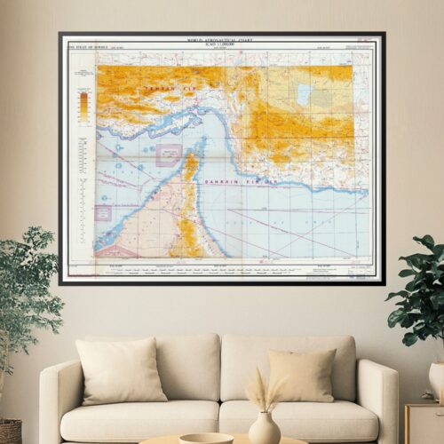 Vintage ICAO World Aeronautical Chart of the Strait of Hormuz showing topographic elevation in golden yellows, ocean depths in blue, and detailed navigation routes with longitude and latitude coordinates.
