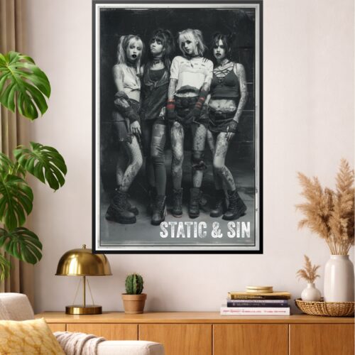 Black and white portrait of four alternative band members with tattoos, wearing edgy fashion and platform boots, standing confidently against a weathered backdrop.