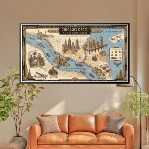 Vintage art deco map of Chicago featuring iconic skyscrapers, Lake Michigan, the Chicago River, and architectural landmarks in gold, cream, and blue tones with geometric border design.