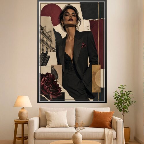 Art deco fashion portrait of woman in black blazer with geometric burgundy, gold, and cream shapes, floral elements, and architectural details.