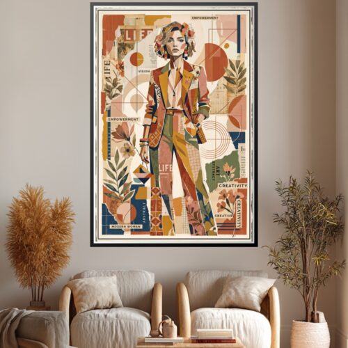 Art deco style poster of a modern woman with geometric patterns, warm terracotta and navy colors, surrounded by botanical elements and empowerment typography.