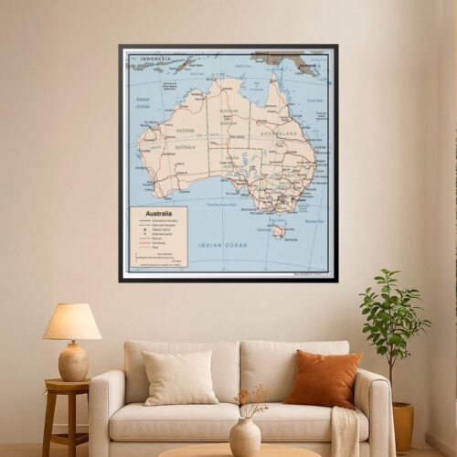 Political map of Australia showing state and territory boundaries, major cities, roads, railways, and surrounding oceans and nearby regions.