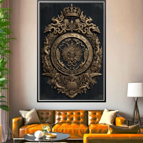 Ornate baroque celestial eye poster with zodiacal glyphs, winged creatures, royal crown, and intricate gold relief details on black background.