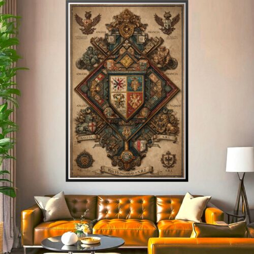 Baroque heraldic coat of arms wall art featuring ornate shields of England, France, Hungary, and the Holy Roman Empire with winged eagles, lions, and gold decorative flourishes on aged parchment.