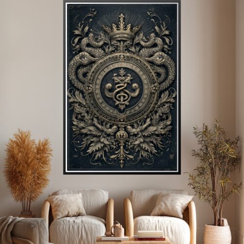 Ornate baroque heraldic crest poster featuring twin dragons with crown and intricate gold linework on distressed dark blue background.