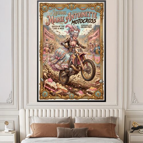 Baroque-framed poster of Marie Antoinette riding an ornate motorbike through mud and cake with pink ribbons, gold ornaments, and historical Versailles background.