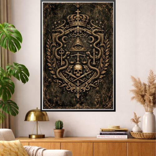 Baroque occult wall art featuring gold filigree crown, all-seeing eye, scales, serpents, and skull on dark weathered background with mystical symbols.