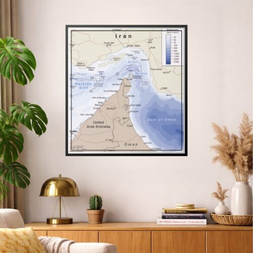 Bathymetry map of Persian Gulf, Strait of Hormuz, and Gulf of Oman showing ocean depth in meters with political boundaries, cities, and shipping lanes marked in tan and blue tones.