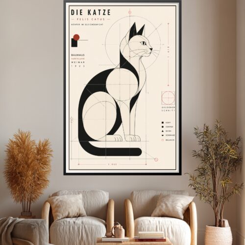 Geometric Bauhaus cat wall art with bold black shapes, grid proportions, and lineart design on cream background featuring German typography.