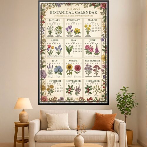 2026 botanical calendar poster with twelve months of hand-illustrated wildflowers surrounded by ornamental floral border in vintage style.