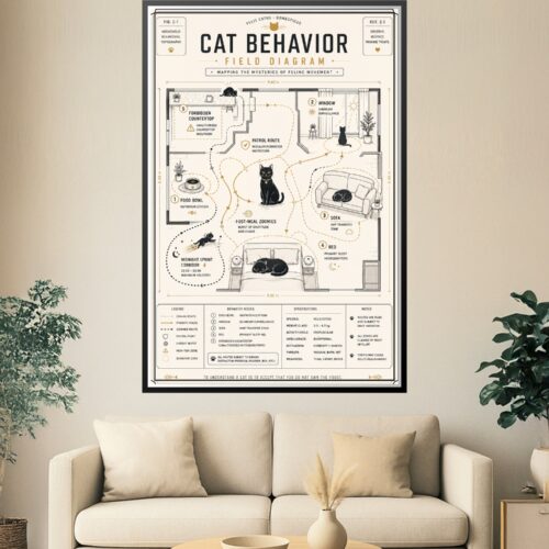 Vintage-style field diagram mapping cat behavior patterns in a household floor plan, showing patrol routes, nap zones, food stations, and midnight sprint corridors with hand-drawn linework and gold accents.