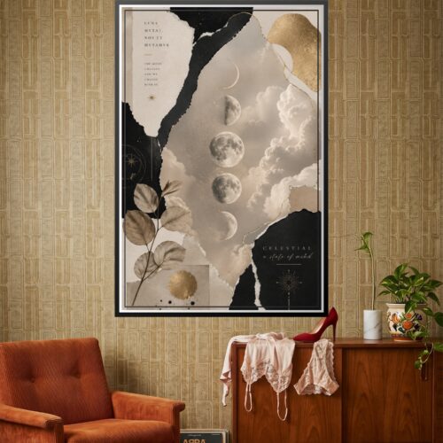 Ethereal collage artwork featuring multiple moon phases floating among white clouds, gilded botanical elements, black ink accents, and gold leaf details on cream background with celestial text.