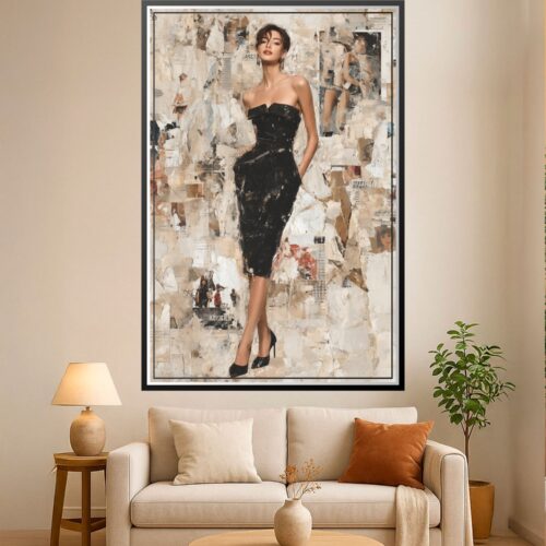 Sophisticated woman in black strapless dress standing against textured collage background of torn newsprint and vintage photographs with cream and sepia tones.