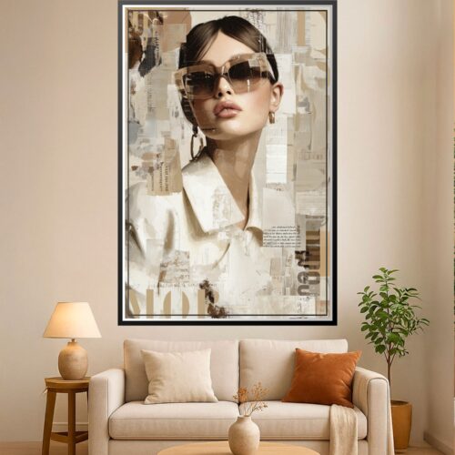 Collage art portrait of a woman wearing oversized sunglasses and white shirt, layered with newspaper clippings and typography on neutral beige background.