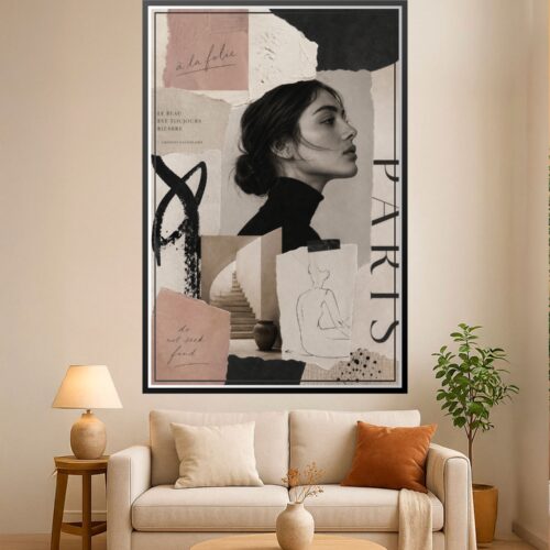 Contemporary collage art featuring a woman's profile portrait with French text, abstract marks, architectural lines, and layered neutral tones in black, cream, and rose.