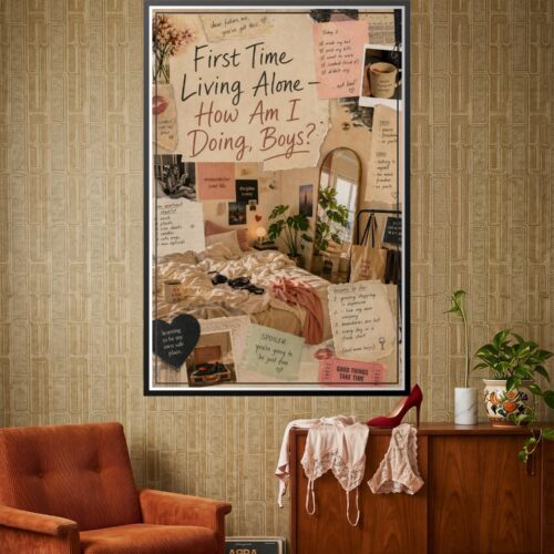 Collage wall art celebrating first time living alone with handwritten notes, polaroid photos, botanical elements, and motivational messages on warm beige and blush background.
