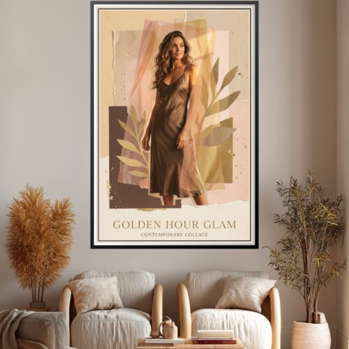 Contemporary collage wall art featuring a woman in bronze dress with layered gold, blush, and taupe geometric shapes and botanical leaf elements on cream background.