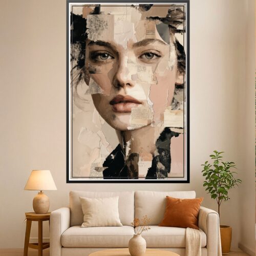 Collage portrait of a contemplative woman's face layered with torn text, neutral beige tones, black accents, and mixed-media elements creating an abstract literary aesthetic.