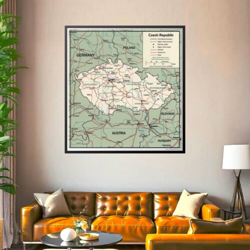 Political map of Czech Republic showing regional boundaries, major cities, railroads, expressways, and roads with neighboring countries Germany, Poland, Slovakia, Austria, and Hungary.