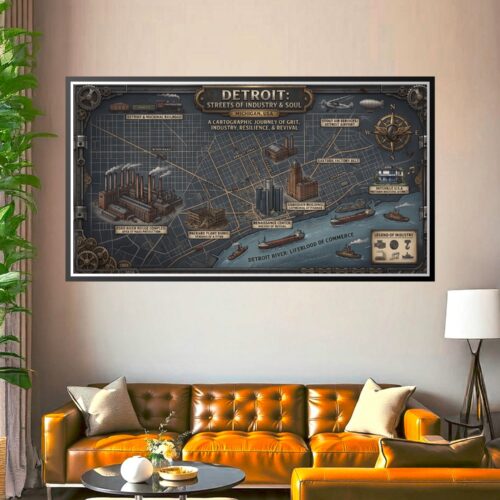 Detailed steampunk map of Detroit showing factory landmarks, Detroit River commerce, industrial heritage sites, and iconic buildings with ornate brass frame.