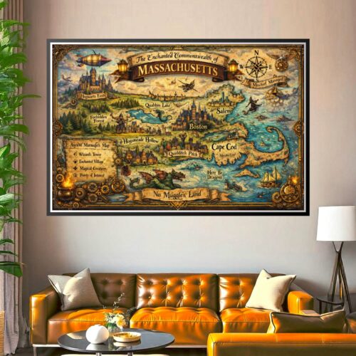 Fantasy map of Massachusetts featuring castles, airships, dragons, and magical locations with ornate gold steampunk border and vintage cartography details.