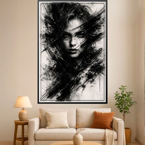 Expressionist black and white portrait with dramatic ink splatter and gestural brushstrokes creating abstract effects around a contemplative face.