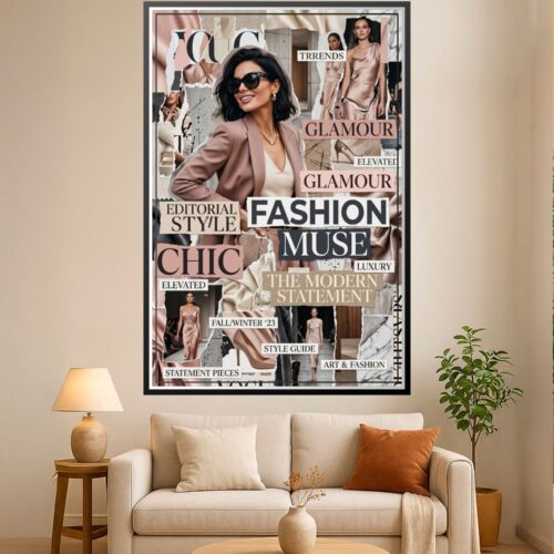 Fashion collage poster featuring a stylish woman in rose blazer with magazine cutouts, runway photography, and typography reading Fashion Muse, Glamour, and Editorial Style.