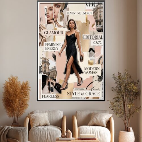 Modern editorial collage poster featuring a woman in black dress with Parisian architecture, fashion photography, and empowering typography including Feminine Energy, Glamour, Editorial Chic, and Modern Woman on a soft pink and cream background with gold accents.