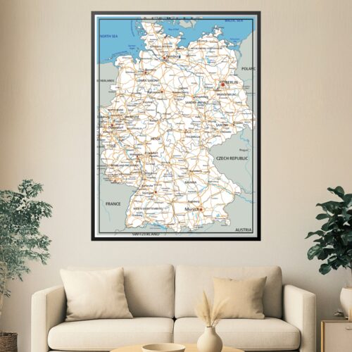 Detailed road map of Germany showing all major cities, highways in orange, state divisions, and surrounding countries including Poland, Czech Republic, Austria, and France.