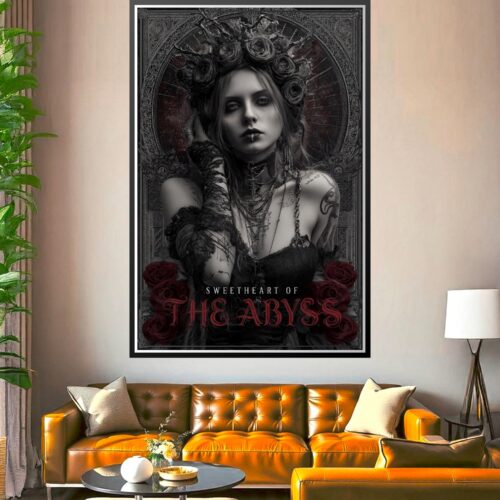 Black and white gothic portrait of a pale woman crowned with black roses, wearing ornate lace and chains, framed by baroque decorative border with deep red roses at base.