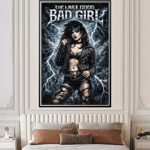 Graffiti-style bad girl poster with electric blue and white lightning bolts, studded leather jacket, and stormy black background.