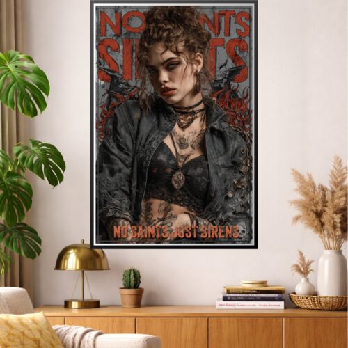 Graffiti-style portrait of tattooed woman with piercing gaze, black gothic wings, red distressed lettering, and ornate filigree details on weathered gray background.