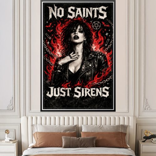 Graffiti-style poster with leather-clad figure surrounded by red flames and occult symbols, black and white portrait with bold metal typography reading No Saints Just Sirens.