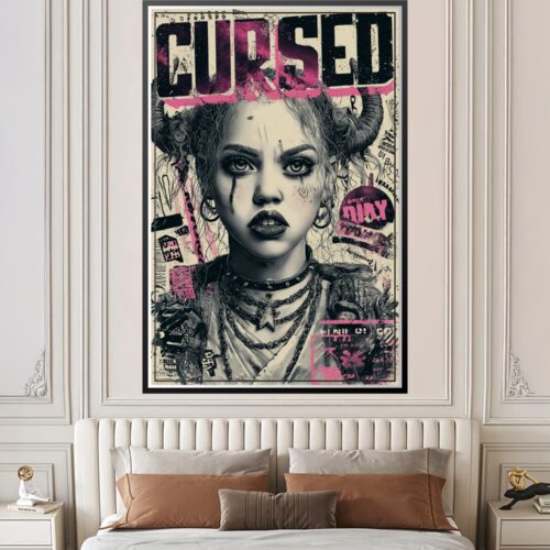 Graffiti-style portrait of a woman with magenta and black distressed elements, intricate line work, chain details, and rebellious urban aesthetic wall art poster.