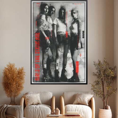 Black and white grunge band portrait of four figures with red typography and industrial geometric overlays on distressed textured background.